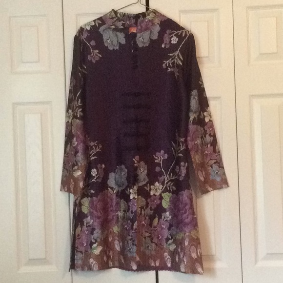 Chinese Traditional Dark Purple Floral Roses? Long Shirt Frog Ties Size Small - Picture 3 of 13